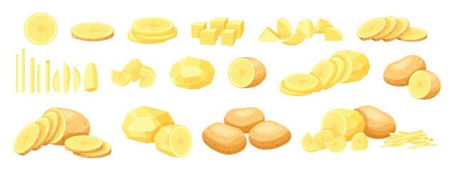 Set of delicious potatoes in cartoon style. Vector illustration of fresh potatoes: circle,halves, whole, pieces, straws, cubes isolated on a white background. Peeled and unpeeled potatoes. Root crops.
