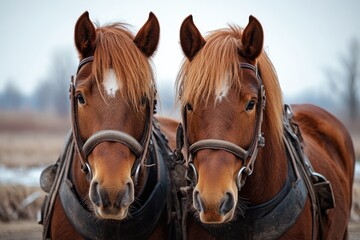 Obraz premium Two chestnut horses wearing bridles and harnesses in paddock
