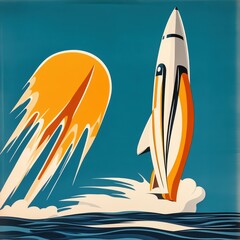 Naklejka premium Retro Rocket Launch Mid Century Space Art Vintage Illustration