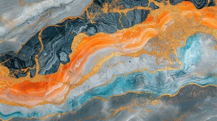 Fototapeta premium Abstract Colorful Fluid Art with Rich Textures in Shades of Blue, Orange, and Gold Blending Seamlessly for a Striking Modern Aesthetic