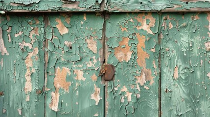 Close-up of a weathered wooden door with peeling green paint and a rusty lock.