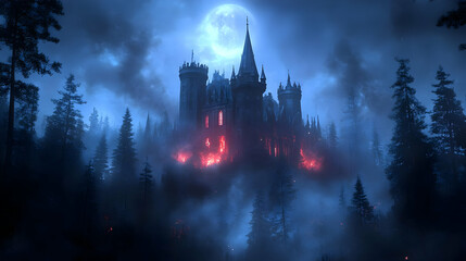 Illustration of Gothic Castle Burning in a Dark Forest Under the Moon