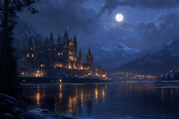 Naklejka premium Illustration - Night Castle, Moonlit Lake, Winter Mountains