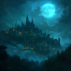 Fototapeta premium Illustration Dark Castle Night Moon Fantasy Landscape