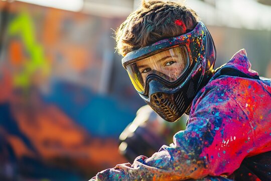 Teen boy in colorful paint-splattered gear, crouching behind barrier, smiling as friends approach, bright outdoor paintball arena, dynamic movement, warm sunlight 1