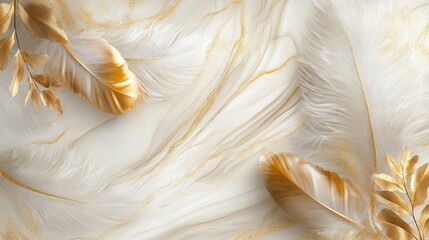 Elegant Composition of Soft White Feathers with Gold Accents and Delicate Floral Elements for Luxurious Background or Art Design