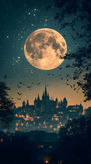 Illustration of Castle, Moon, Bats, and Stars - Night Scene