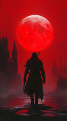 Naklejka premium Illustration - Red Moon, Warrior, Fantasy, Dark, Medieval