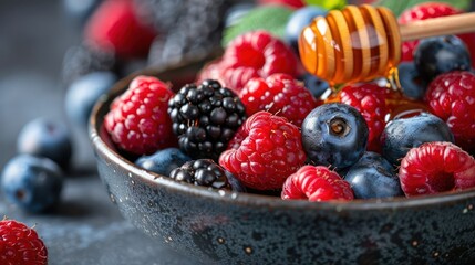 A bowl of fresh berries, including raspberries, blueberries, and blackberries, with a honey dipper drizzling honey over the top.