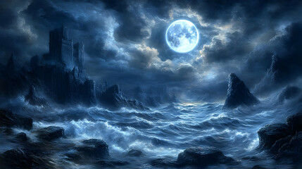 Obraz premium Illustration Dark Castle Moonlit Ocean Waves Night Fantasy