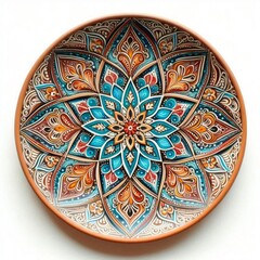 Decorative ceramic plate hand painted with acrylic paints is a handmade piece and is an element of folk art. AI generated.