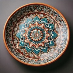 Obraz premium Decorative ceramic plate hand painted with acrylic paints is a handmade piece and is an element of folk art. AI generated.