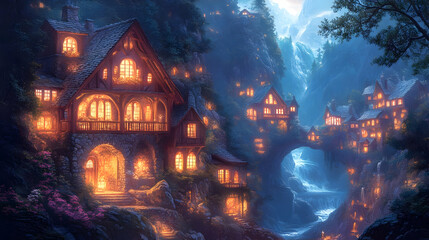 Illustration of Cozy Mountain Village at Night