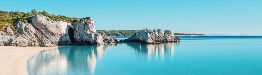 A secluded lagoon surrounded by dramatic rock formations and lush greenery