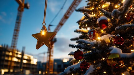 A festive Christmas tree adorned with lights and ornaments stands amidst a construction site, blending holiday cheer with urban development.