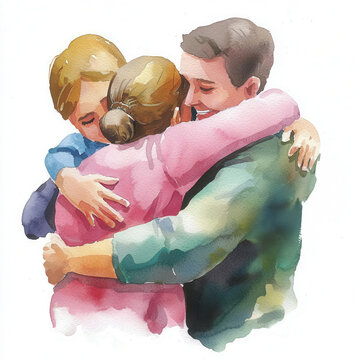 Cancer survivor, hugging family, emotional hospital discharge, watercolor style
