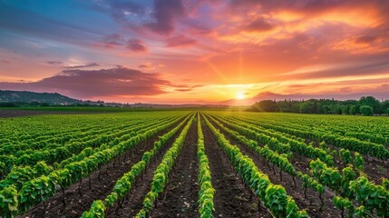 Neatly aligned rows of crops with a vibrant sunset in the background