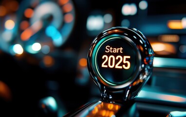 A close-up view of a modern car ignition button that displays "Start 2025," emphasizing a futuristic automotive theme.