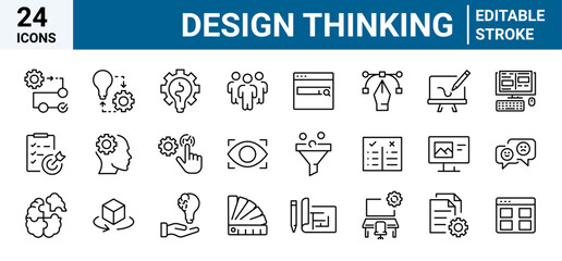Design Thinking web line icons. creativity icons. Contains icons idea, brainstorm, thought, quick tips, inspiration, teamwork and more