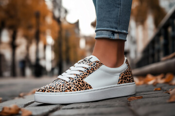 Trendy sneakers with leopard print detailing, captured in an outdoor lifestyle setting, perfect for a street fashion editorial.