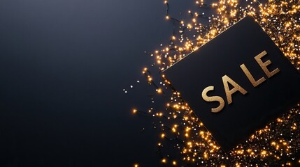 A shimmering black background featuring a prominent "SALE" sign embellished with sparkling golden lights, ideal for promotional content.