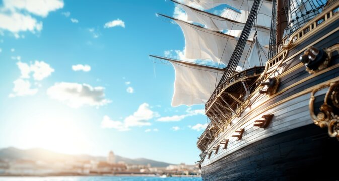 A weathered ship docked in a historical harbor, its sails furled against a gentle breeze
