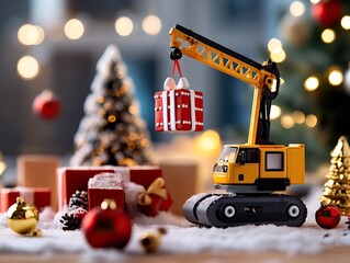A festive scene featuring a toy crane lifting a gift near a decorated Christmas tree, surrounded by ornaments and presents.