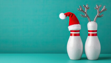 Two bowling pins decorated for Christmas: one adorned with a Santa hat and the other with antlers, standing against a teal backdrop.