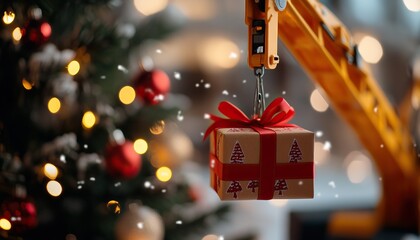 Fototapeta premium A construction crane delicately lifts a gift box adorned with a vibrant bow in a festive, decorated setting filled with Christmas lights.