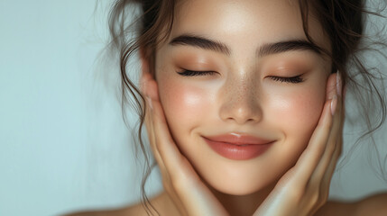 A young Korean woman with radiant skin smiling gently while resting her hands on her cheeks in a soft-lit indoor setting