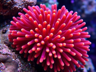 Abstract close-up view of anemone actinia texture on a vibrant underwater reef in the sea, showcasing intricate patterns and colors, actinia, texture, close-up