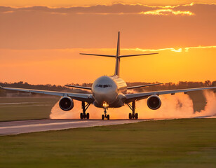Naklejka premium Passenger airplane landing on runway at sunset with glowing horizon