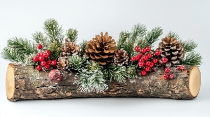 Rustic winter decoration featuring a wooden log adorned with pinecones, evergreen branches, and vibrant red berries, perfect for holiday and seasonal themes.