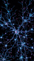Naklejka premium Wallpaper. Pattern. Pallete. Background. Texture. A mesmerizing 3D illustration of a complex system of neurons, intricately connected by glowing synapses against a deep black background