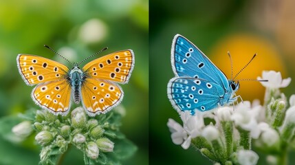 Two colorful butterflies, one orange and one blue, are perched on white flowers with green leaves in the background.