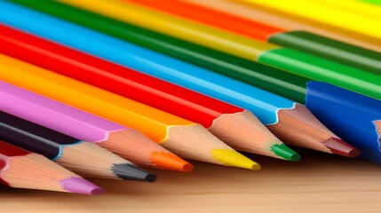 Naklejka premium Close-up of Colorful Wooden Pencils on a Light Wood Surface