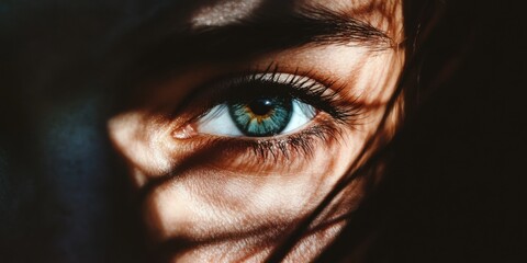 Close-up of a face partially hidden by shadows, showing only one anxious eye