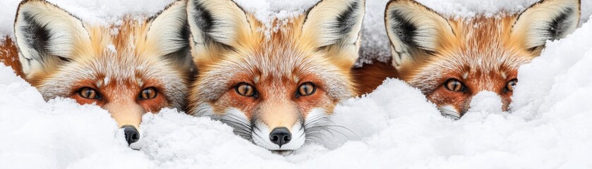 Obraz premium A red fox peering curiously through snow-covered underbrush in a serene winter scene