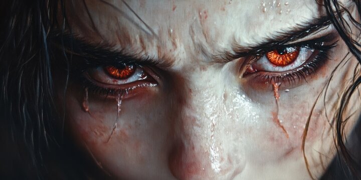 Close-up of a face with tear stains and red eyes, capturing the exhaustion from anxiety