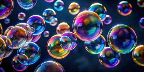 Vibrant Soap Bubbles Floating in the Air Against Dark Background for Abstract Design Projects