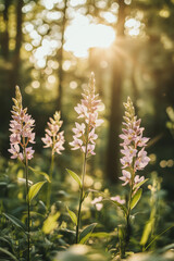 Fototapeta premium Cinematic photograph of orchids in full bloom, surrounded by sunlight and greenery, creating serene and tranquil atmosphere