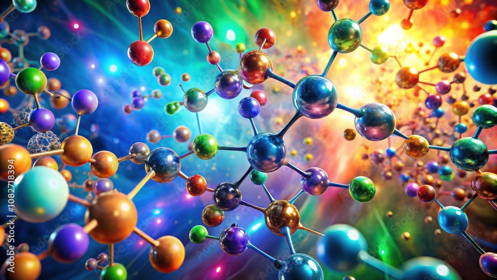 Wall mural abstract molecular structure in a colorful surreal environment illustrating science and technology b