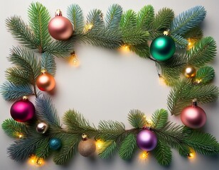 Marco navideño colorido, con ramas de arbol de navidad, bolas y luces de colores, espacio para texto