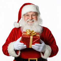 Santa Claus Holding a Gift with Golden Bow