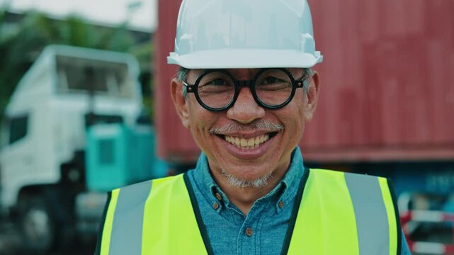 A Smiling Man in a Hard Hat and Safety Vest Stands in Front of a Cargo Container