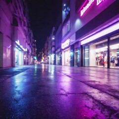 Fototapeta premium A desolate street in a futuristic dystopian city, flickering neon lights reflecting off cracked pavement 