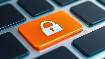 A close-up of a computer keyboard featuring a prominent orange lock button, symbolizing digital security.