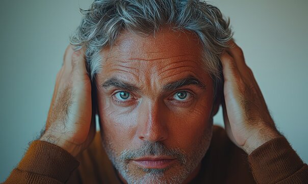 A man with gray hair is holding his head in front of the camera, showing signs of male pattern baldness and double cowlick hairs. 