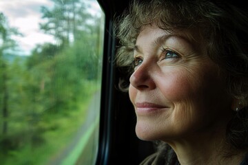 Middle-aged woman with a gentle smile, looking out the bus window at a lush green forest, midday light, peaceful and reflective, close-up 7