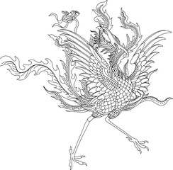 Vector sketch illustration of mythological animal painting silhouette with traditional ethnic floral vintage classical ornate decoration design